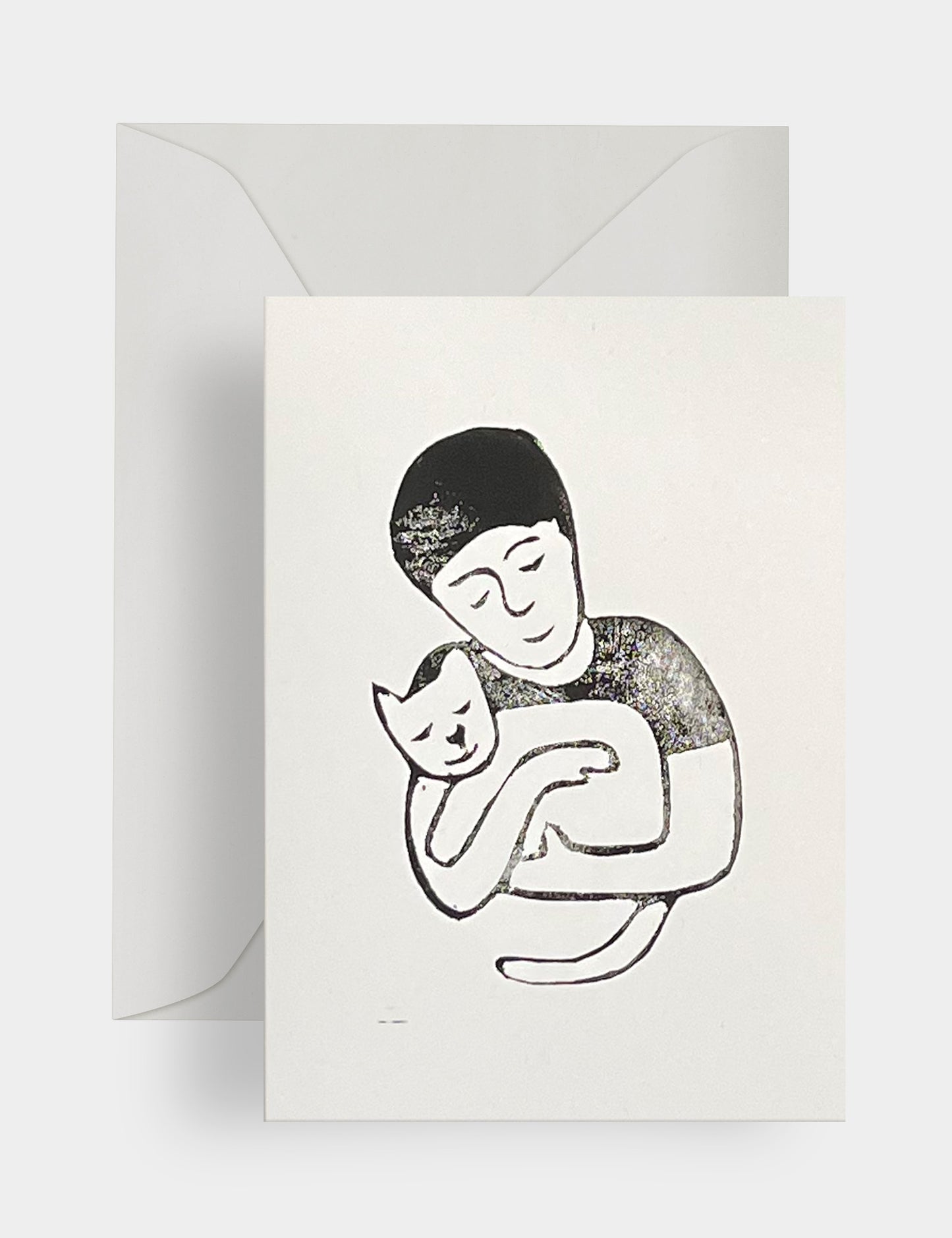 Boy holding cat - Linoleum print